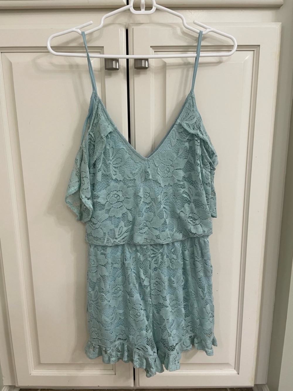 Express Light Blue Lace Trim Romper